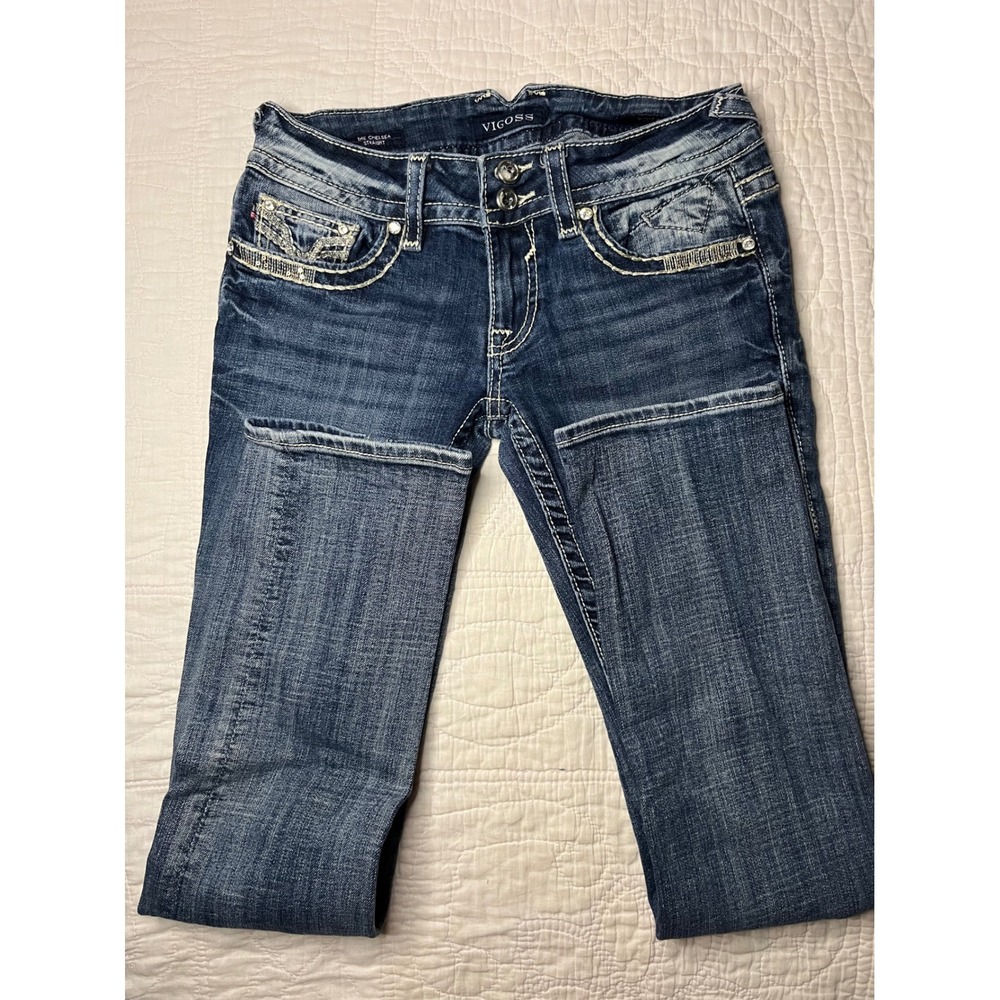 Vigoss The Chelsea Straight Leg Jeans Dark Wash Rhinestone Embellished 27x32